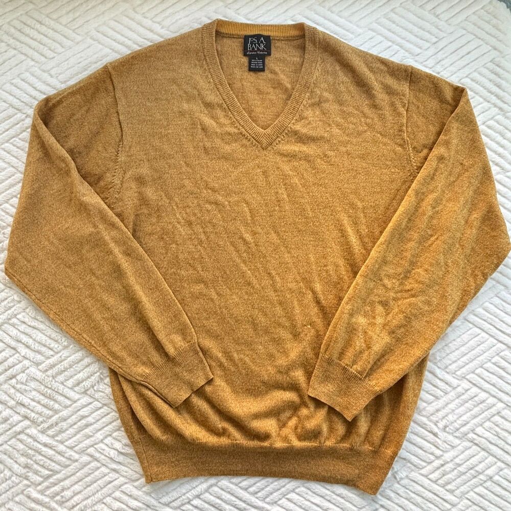 Jos A Bank Mens Size L Camel Merino Wool V Neck Sweater Pullover Classic Knit